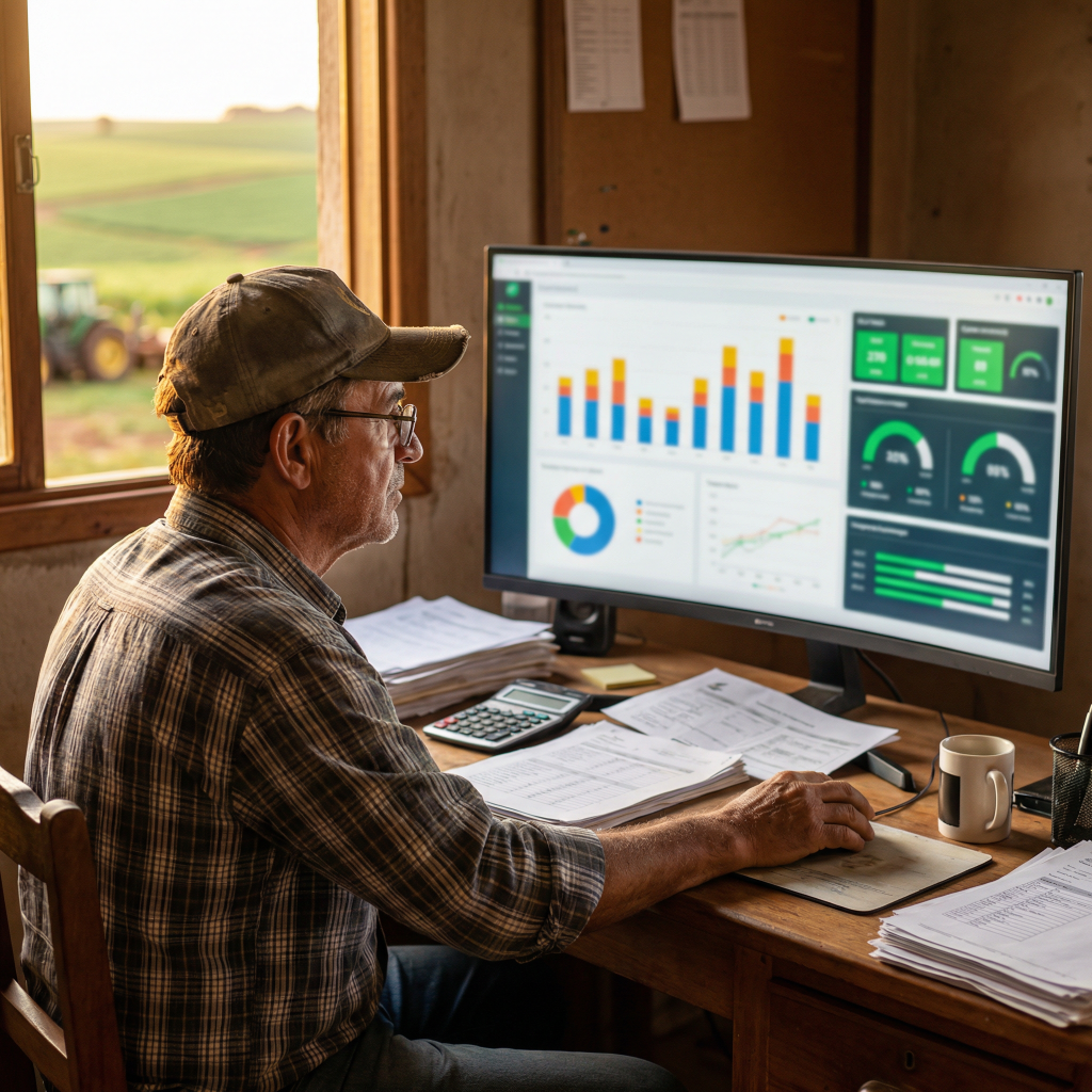 Produtor rural analisando fluxo de caixa da fazenda com dashboard financeiro do FarmPlus