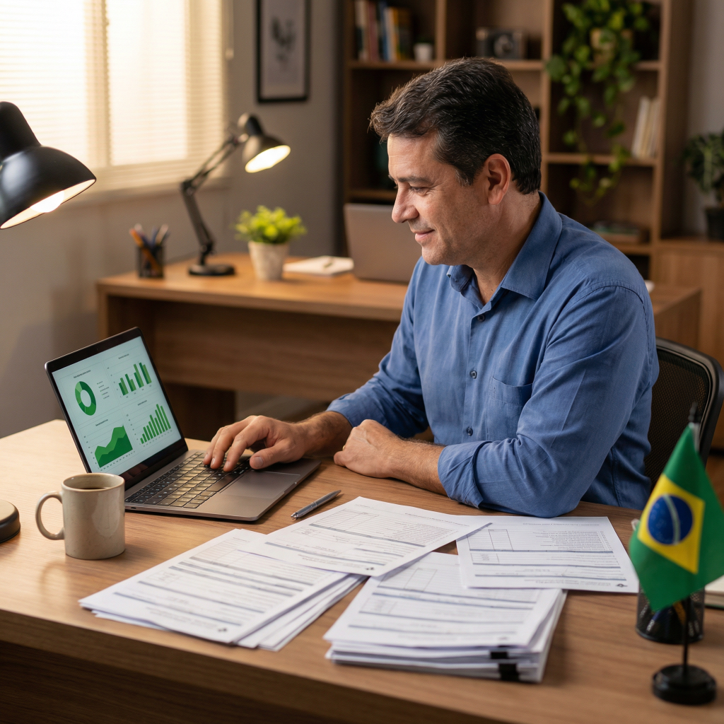 Contador analisando impactos da reforma tributária no agronegócio com documentos de NFe e novos tributos IBS e CBS