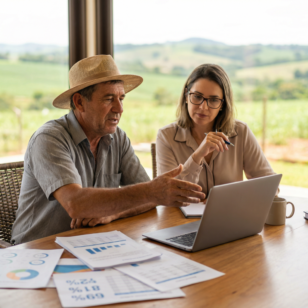 Produtor rural e contador analisando as novas alíquotas do FUNRURAL 2026 e o impacto no fluxo de caixa da fazenda