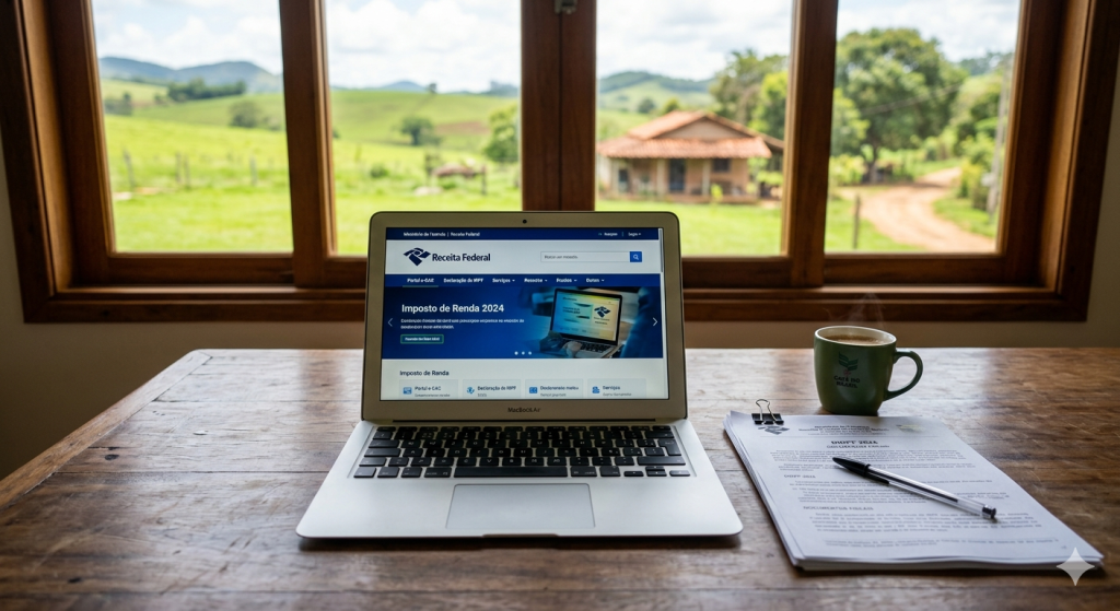 Computador com portal da Receita Federal na tela e documentos do CAEPF sobre mesa de escritório rural