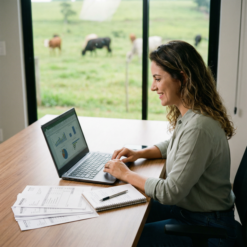 Produtora rural analisando cálculo do FUNRURAL 2026 com documentos fiscais