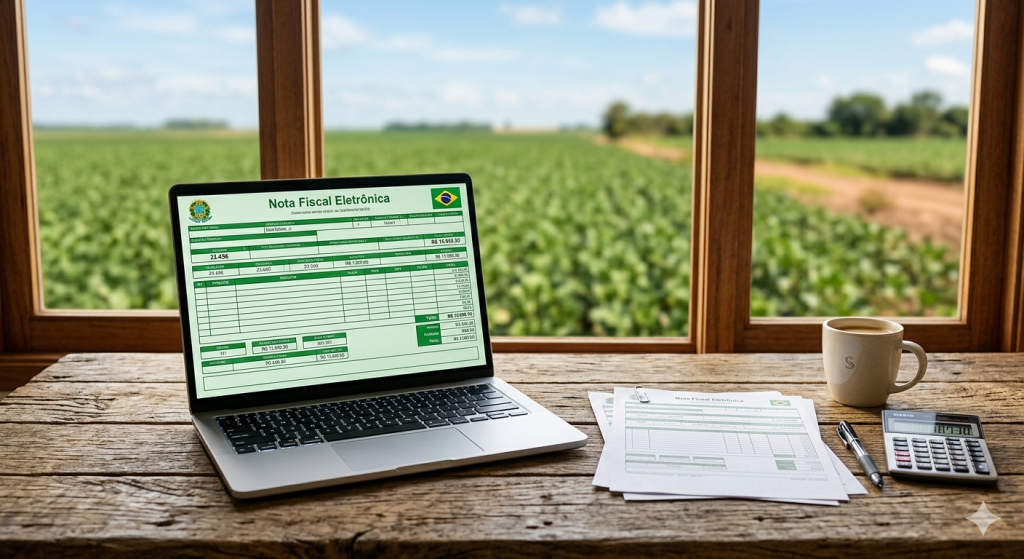 Computador com nota fiscal eletrônica NF-e na tela e documentos fiscais sobre mesa de escritório rural